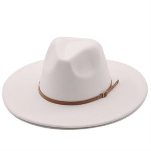 Detailed view of white wool fedora with broad brim and brown leather belt buckle