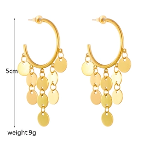 Elegant gold titanium steel tassel earrings with layered round discs, 5cm height, 9g weight