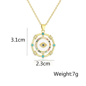 Detailed view of evil eye necklace pendant with measurements and 18K gold plating