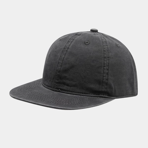 Close-up of a classic six-panel flat brim snapback hat in washed black cotton fabric