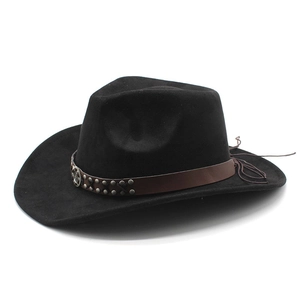 Detail of western fedora hat featuring a brown leather band with metal rivets and badge