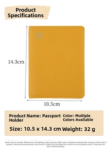 Detailed view of yellow PU leather passport holder showing 10.5x14.3cm size and weight