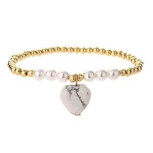 Gold beaded stretch bracelet with white faux pearls and a marble heart charm