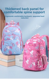 Detail view of pink and blue school backpacks with ergonomic padded back and side pockets
