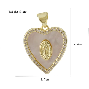 Detail of heart cross pendant with pink mother-of-pearl and Virgin Mary relief