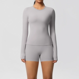 Close-up of slim-fit yoga set featuring a light grey round neck top and high-stretch shorts