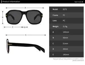 Detailed size specifications for square flat top sunglasses showing frame dimensions