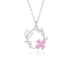 S925 silver necklace featuring a pink gemstone flower and butterfly pendant with zircons