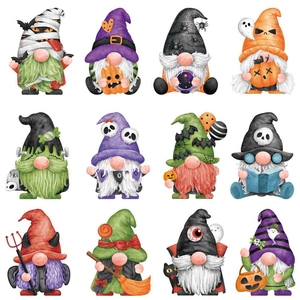 Set of 12 watercolor Halloween gnome magnets featuring pumpkins, mummies and witches