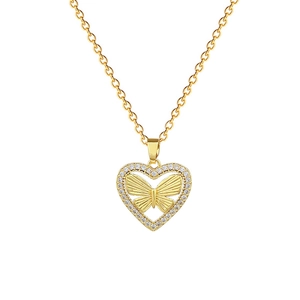 Elegant gold hollow heart necklace with butterfly design and pavé crystal accents