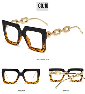 Three angles of square frames with unique gold chain temples and leopard print detail