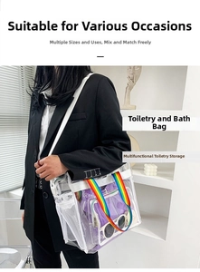 Detailed view of clear PVC tote bag with rainbow strap and side mesh pocket storage