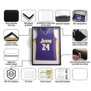Jersey display case with UV protection acrylic, matte black frame, and gold anti-theft locks