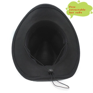 Detail view of black wool cowboy hat interior with adjustable windproof rope and sweatband