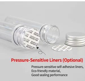 Detail view of transparent PET tube with pressure sensitive seal and silver screw cap