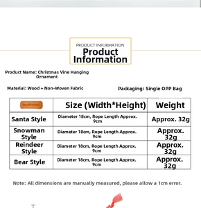 Detailed size specifications for Christmas wreath ornaments made of wood and fabric
