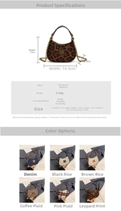 Tableau des tailles détaillé pour mini sac en PU avec imprimé léopard et carreaux