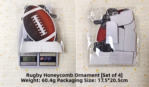 Detail view of American football honeycomb centerpieces packaging and net weight on scale