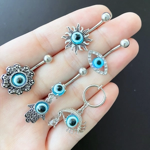 Set de piercings de nombril œil maléfique et main de Fatma avec strass bleus