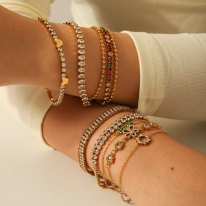 18K gold plated stainless steel flower bracelet with multi-layer zircon stone stacking