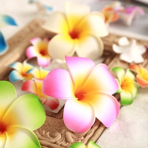 Tropical EVA foam Plumeria hair clip accessory with pink and yellow gradient petals