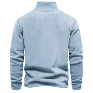 Back view of light blue polar fleece jacket showing fabric texture and seam craftsmanship