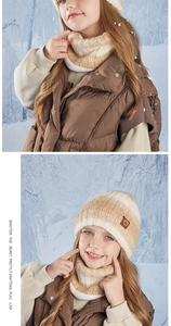Detail of warm winter knit hat and neck gaiter set for kids in striped khaki