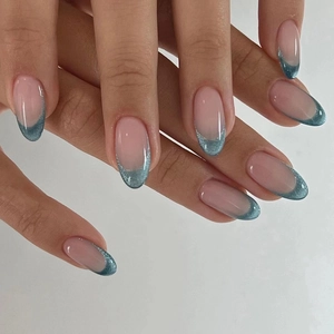 Almond Press On Nails Cat Eye Blue Shimmer French Tips Nude Pink Base Glossy Fake Nail Tips For Women
