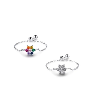 Adjustable S925 sterling silver chain rings with colorful zircon flower and snowflake charms