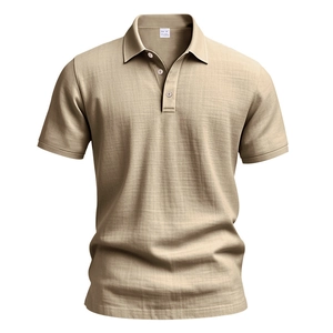 Detail of khaki men's linen blend polo shirt with natural texture and button-down collar