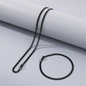 Minimalist black stainless steel Cuban chain necklace and bracelet set for men and women