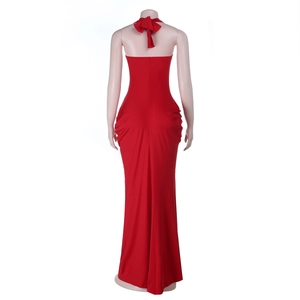 Back view of sexy red halter neck backless maxi dress with side ruching and tie-up details