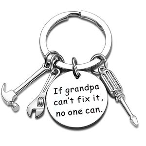 Silver stainless steel keychain with tool charms and If Grandpa Can't Fix It engraving