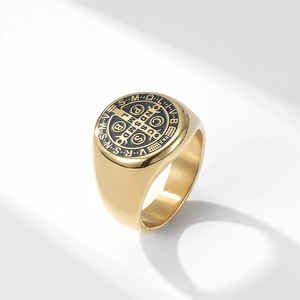Men's gold stainless steel Saint Benedict medal ring with black enamel cross detailing