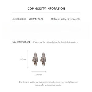 Detail chart of alloy tassel earrings showing size 10.5cm by 10.8cm and 27.7g weight