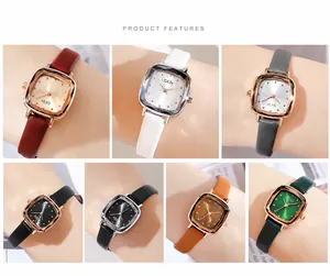 Detail of square quartz watches with leather straps and faceted crystal glass in seven colors