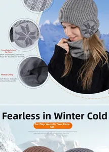 Detailed view of grey winter knit hat and scarf set with soft fleece lining and snowflake pattern