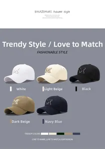 Detailed view of baseball caps in five colors with M letter embroidery and minimalist style