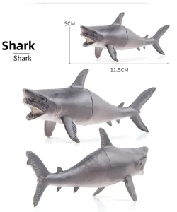 Three views of shark toy model showing flexible joints, 11.5cm length and 5cm height