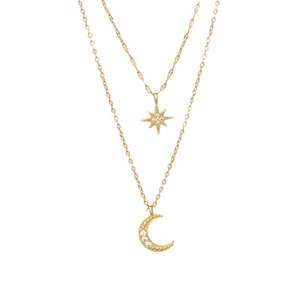 Elegant double-layered gold necklace with sparkling star and moon pendants on white background