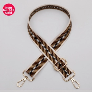 Detail of adjustable woven bag strap No. 619 with gold hardware and geometric patterns