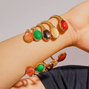 Vintage 18K gold plated stainless steel open bangle with colorful oval natural stones