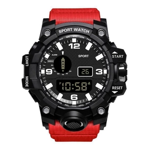 Montre de sport à double affichage avec bracelet en résine rouge et heure mondiale