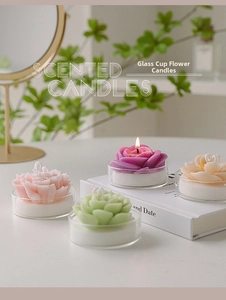 Detailed close-up of succulent flower scented candles in clear glass cups on white books
