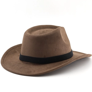 Detail of brown felt cowboy hat featuring a black textured band on white background