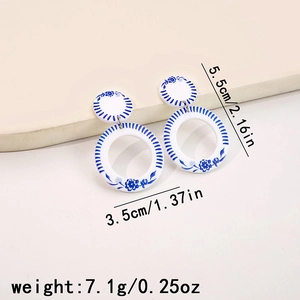 Blue and white porcelain style geometric earrings with detailed size and weight specs