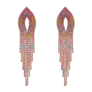 Luxurious colorful gradient rhinestone tassel drop earrings with sparkling metal finish