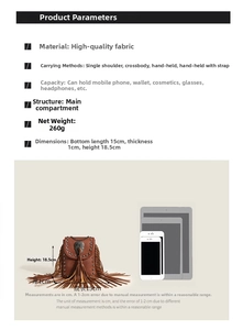 Detailed size comparison and specs of the studded fringe bag showing 15x1x18.5cm dimensions
