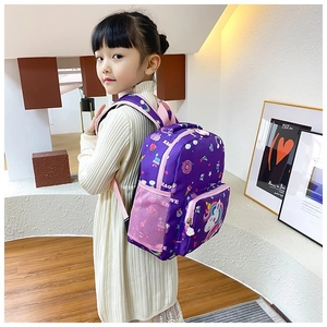 Detailed side view of a cute purple unicorn kids backpack worn by a child model