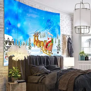 Detailed Christmas tapestry showing Santa and reindeer over a blue snow mountain